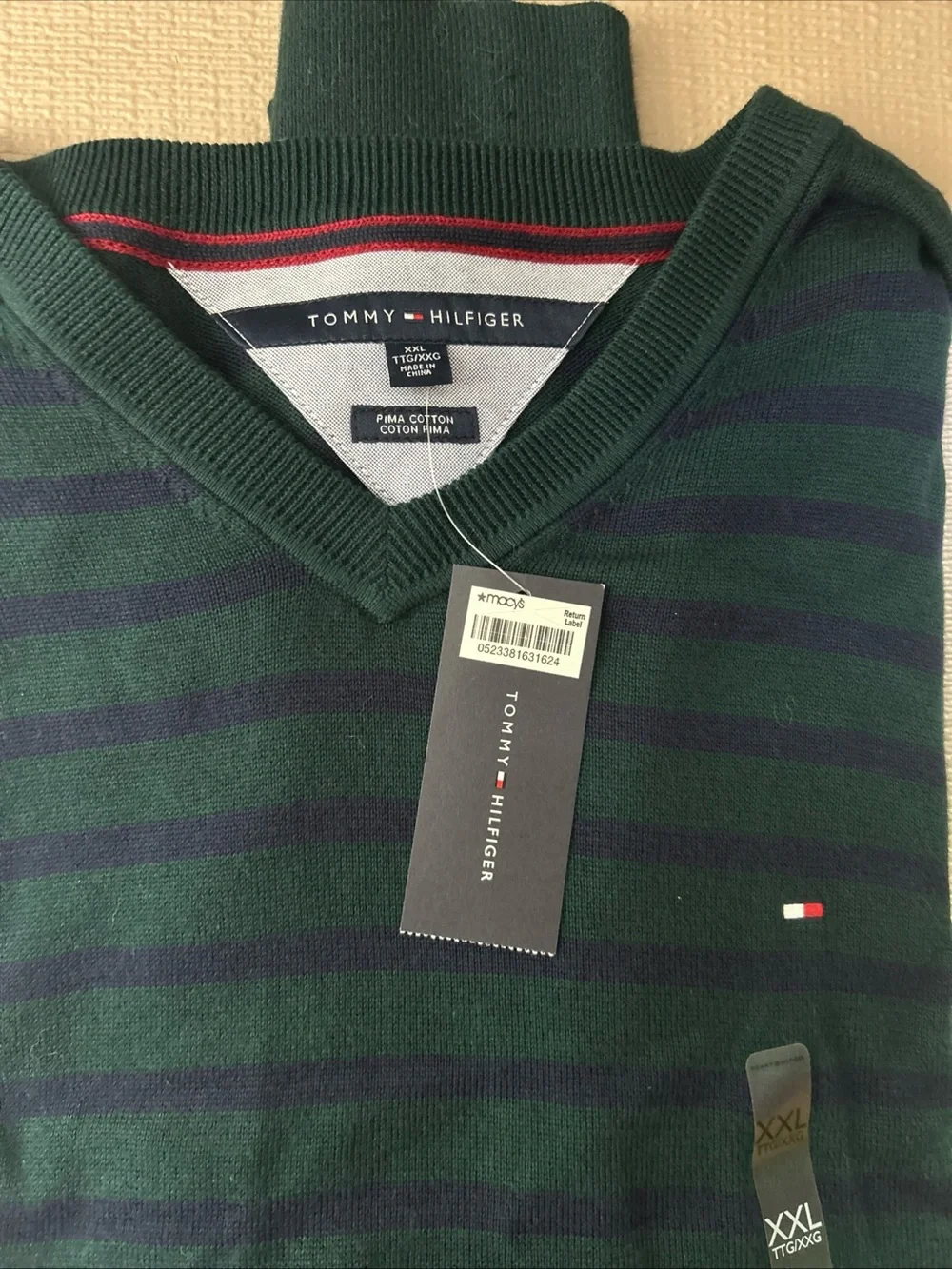 Tommy Hilfiger Green & Navy Striped V-Neck Sweater